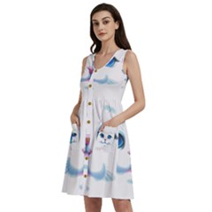 Cute White Cat Blue Eyes Face Sleeveless Dress With Pocket by Ket1n9