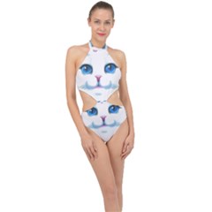 Cute White Cat Blue Eyes Face Halter Side Cut Swimsuit by Ket1n9