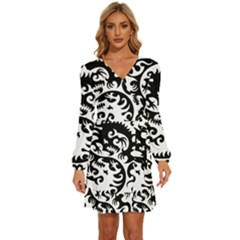 Ying Yang Tattoo Long Sleeve Waist Tie Ruffle Velvet Dress by Ket1n9