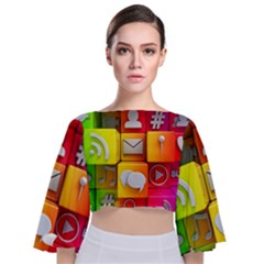 Colorful 3d Social Media Tie Back Butterfly Sleeve Chiffon Top by Ket1n9