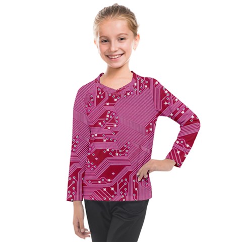 Pink Circuit Pattern Kids  Long Mesh T-shirt by Ket1n9