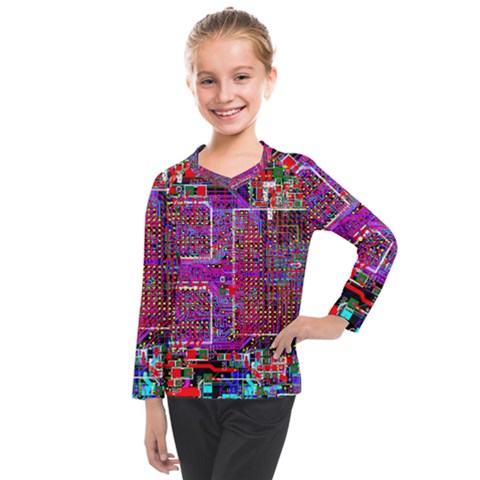 Technology Circuit Board Layout Pattern Kids  Long Mesh T-shirt by Ket1n9