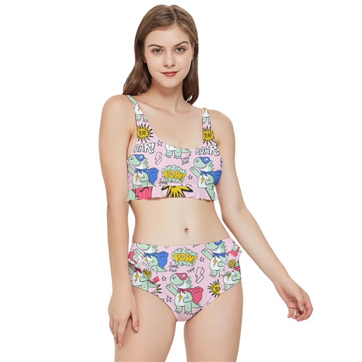 Seamless-pattern-with-many-funny-cute-superhero-dinosaurs-t-rex-mask-cloak-with-comics-style-inscrip Frilly Bikini Set