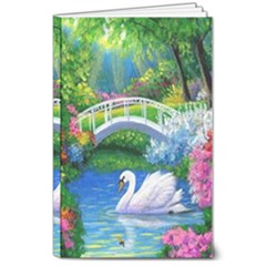 Swan Bird Spring Flowers Trees Lake Pond Landscape Original Aceo Painting Art 8  X 10  Softcover Notebook by Ket1n9