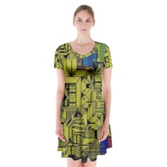 Technology Circuit Board Short Sleeve V-neck Flare Dress by Ket1n9