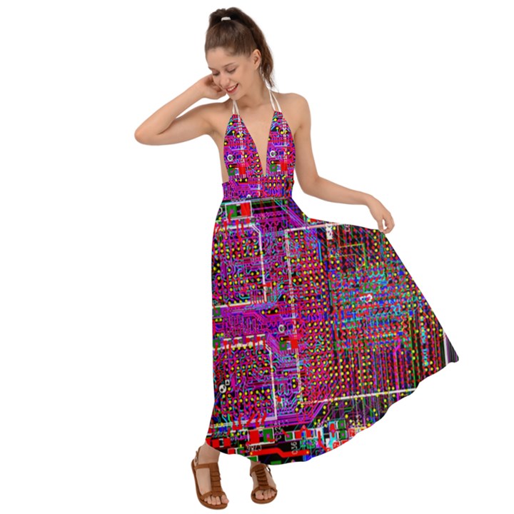 Technology Circuit Board Layout Pattern Backless Maxi Beach Dress