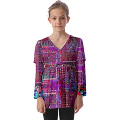 Technology Circuit Board Layout Pattern Kids  V Neck Casual Top by Ket1n9