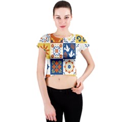 Mexican-talavera-pattern-ceramic-tiles-with-flower-leaves-bird-ornaments-traditional-majolica-style- Crew Neck Crop Top by Ket1n9