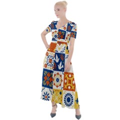 Mexican-talavera-pattern-ceramic-tiles-with-flower-leaves-bird-ornaments-traditional-majolica-style- Button Up Short Sleeve Maxi Dress by Ket1n9