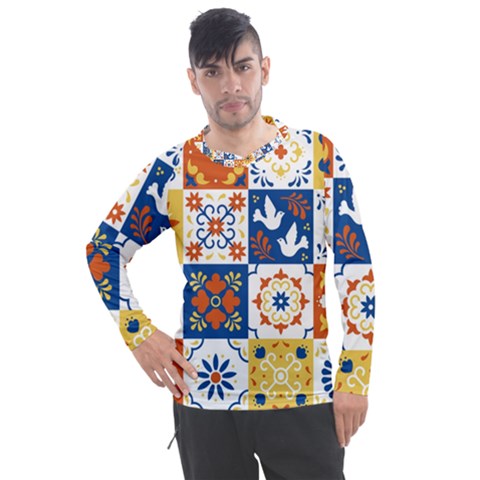 Mexican-talavera-pattern-ceramic-tiles-with-flower-leaves-bird-ornaments-traditional-majolica-style- Men s Pique Long Sleeve T-shirt by Ket1n9