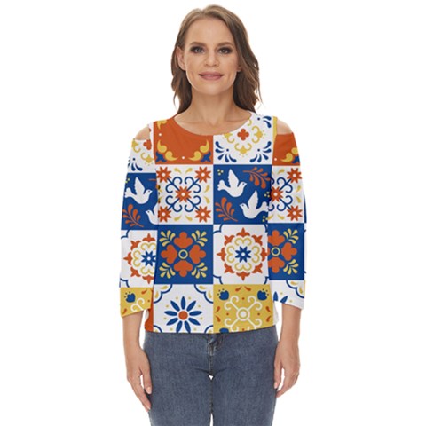 Mexican-talavera-pattern-ceramic-tiles-with-flower-leaves-bird-ornaments-traditional-majolica-style- Cut Out Wide Sleeve Top by Ket1n9