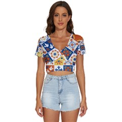 Mexican-talavera-pattern-ceramic-tiles-with-flower-leaves-bird-ornaments-traditional-majolica-style- V-neck Crop Top by Ket1n9