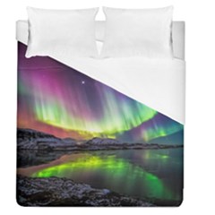 Aurora Borealis Polar Northern Lights Natural Phenomenon North Night Mountains Duvet Cover (queen Size) by Grandong