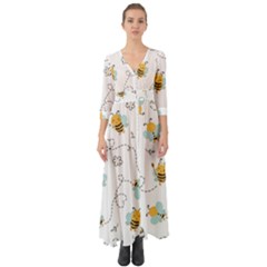 Bee Art Pattern Design Wallpaper Background Print Button Up Boho Maxi Dress by Vaneshop