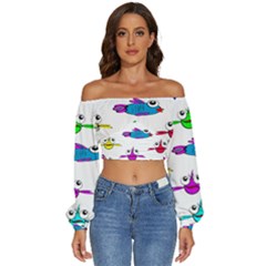 Fish Swim Cartoon Funnycute Long Sleeve Crinkled Weave Crop Top by Sapixe