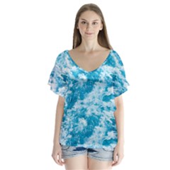 Blue Ocean Wave Texture V-neck Flutter Sleeve Top by Jack14