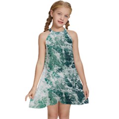 Blue Ocean Waves Kids  Halter Collar Waist Tie Chiffon Dress by Jack14