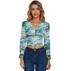 Blue Crashing Ocean Wave Long Sleeve V-neck Top by Jack14