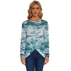 Blue Crashing Ocean Wave Long Sleeve Crew Neck Pullover Top by Jack14