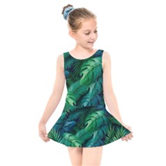 Tropical Green Leaves Background Kids  Skater Dress Swimsuit by Amaryn4rt