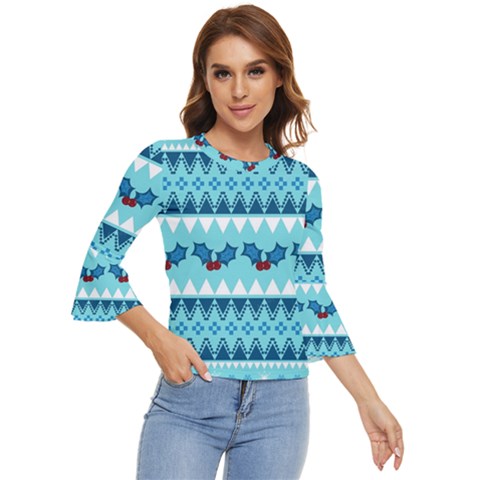 Blue Christmas Vintage Ethnic Seamless Pattern Bell Sleeve Top by Amaryn4rt