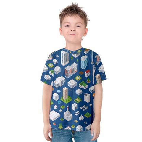 Isometric-seamless-pattern-megapolis Kids  Cotton T-shirt by Amaryn4rt