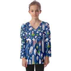 Isometric-seamless-pattern-megapolis Kids  V Neck Casual Top by Amaryn4rt