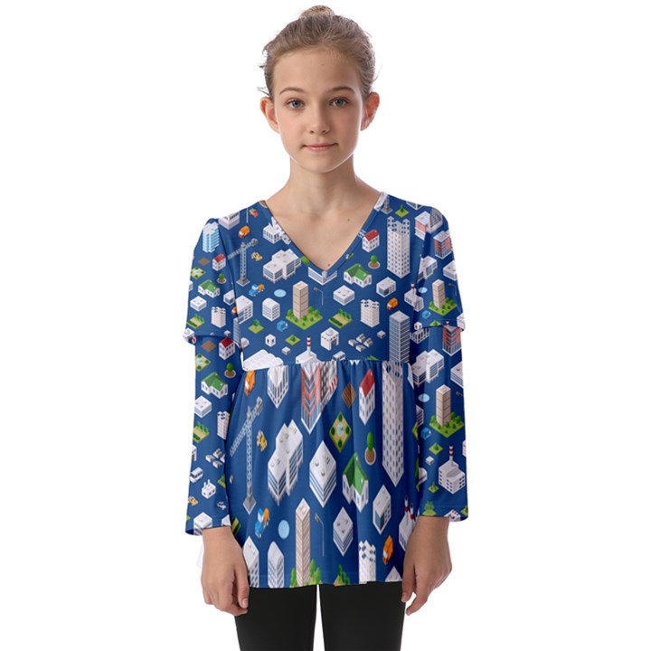 Isometric-seamless-pattern-megapolis Kids  V Neck Casual Top