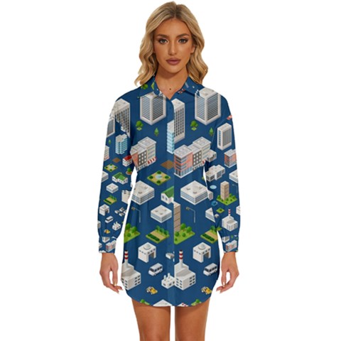 Isometric-seamless-pattern-megapolis Womens Long Sleeve Shirt Dress by Amaryn4rt