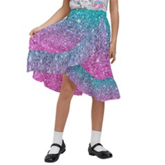 Pink And Turquoise Glitter Kids  Ruffle Flared Wrap Midi Skirt by Sarkoni