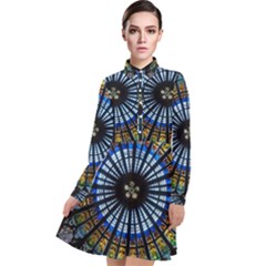 Mandala Floral Wallpaper Rose Window Strasbourg Cathedral France Long Sleeve Chiffon Shirt Dress by Sarkoni