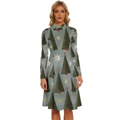 Christmas Trees Pattern Wallpaper Long Sleeve Shirt Collar A-line Dress by Pakjumat