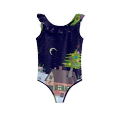 House Tree Man Moon Night Stars Kids  Frill Swimsuit by Pakjumat