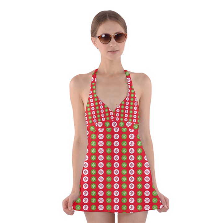 Festive Pattern Christmas Holiday Halter Dress Swimsuit 