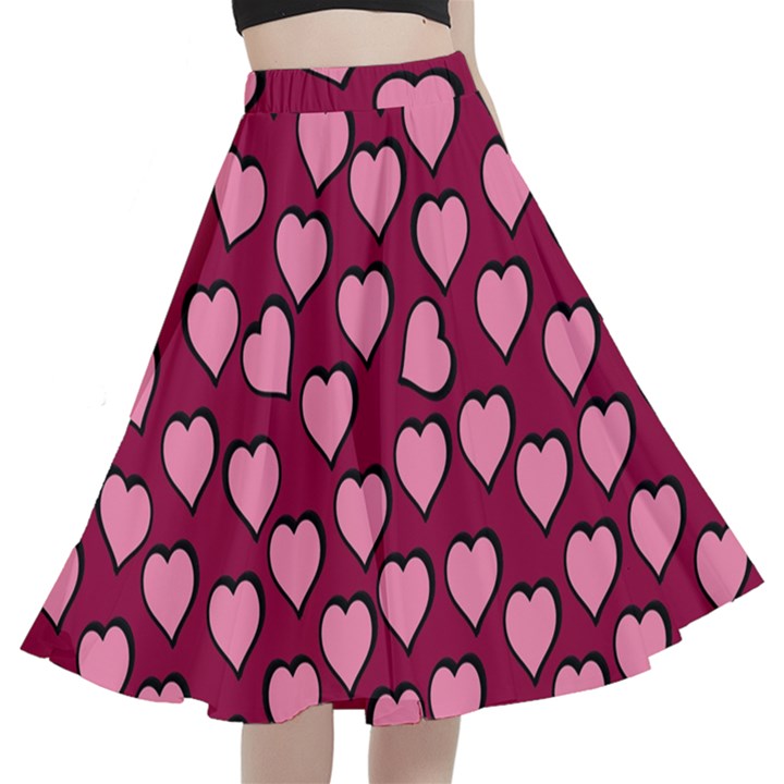 Pattern Pink Abstract Heart A-Line Full Circle Midi Skirt With Pocket