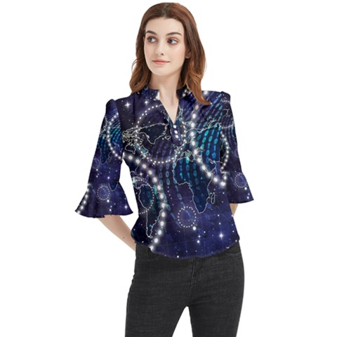 Continents Stars Networks Internet Loose Horn Sleeve Chiffon Blouse by Pakjumat