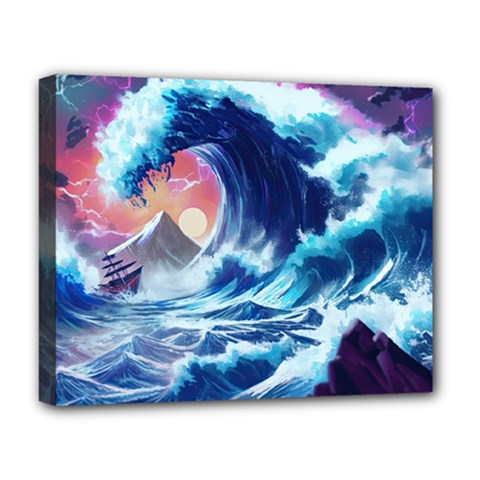 Storm Tsunami Waves Ocean Sea Nautical Nature Deluxe Canvas 20  X 16  (stretched) by Pakjumat