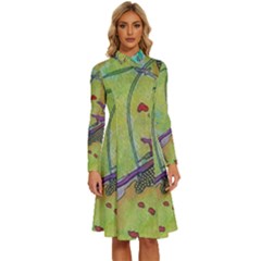 Green Peace Sign Psychedelic Trippy Long Sleeve Shirt Collar A-line Dress by Modalart