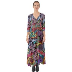 Psychedelic Flower Red Colors Yellow Abstract Psicodelia Button Up Boho Maxi Dress by Modalart