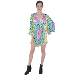 Mandala Pattern Rainbow Pride V-neck Flare Sleeve Mini Dress by Vaneshop