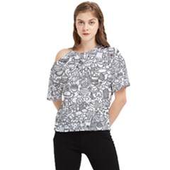 Food Doodle Pattern One Shoulder Cut Out T-shirt by Sarkoni