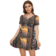 River Buildings City Urban Tiered Short Sleeve Babydoll Dress by Sarkoni