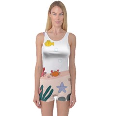 Cartoon Marine Life Marine Drawing One Piece Boyleg Swimsuit by Sarkoni