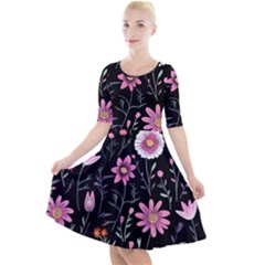 Flowers Pattern Quarter Sleeve A-line Dress by Ravend