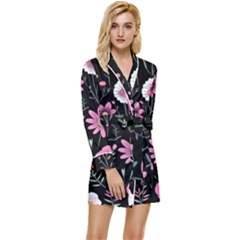 Flowers Pattern Long Sleeve Satin Robe by Ravend