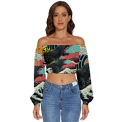 Retro Wave Kaiju Godzilla Japanese Pop Art Style Long Sleeve Crinkled Weave Crop Top by Modalart