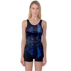 Illuminated Cityscape Against Blue Sky At Night One Piece Boyleg Swimsuit by Modalart