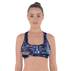 Black Building Lighted Under Clear Sky Cross Back Sports Bra by Modalart