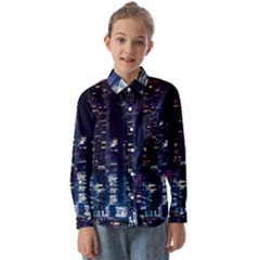 Black Building Lighted Under Clear Sky Kids  Long Sleeve Shirt by Modalart