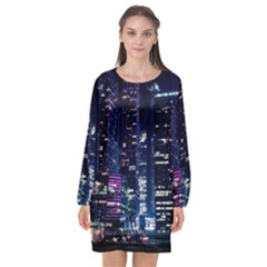 Black Building Lighted Under Clear Sky Long Sleeve Chiffon Shift Dress  by Modalart